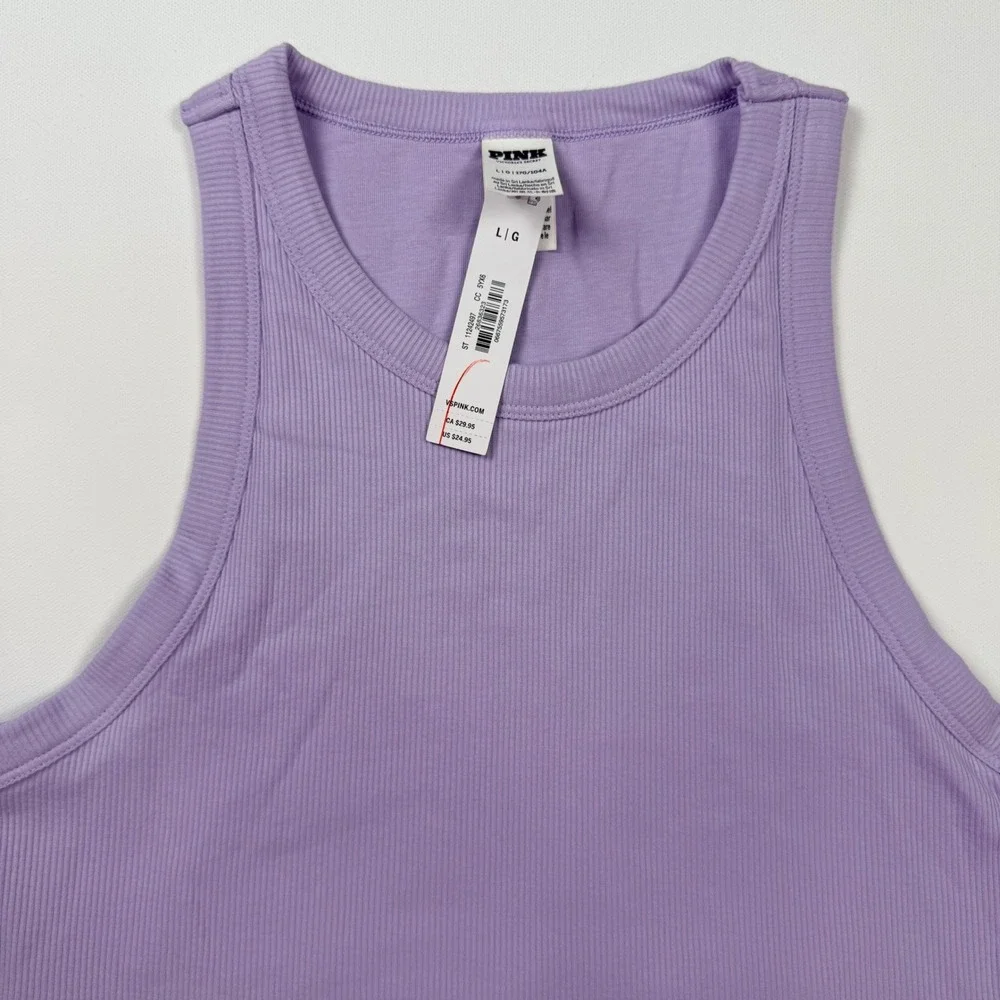 Victoria's Secret PINK Ribbed Shelf Bra Tank Top Women L Purple NEW High Neck - Picture 2 of 9